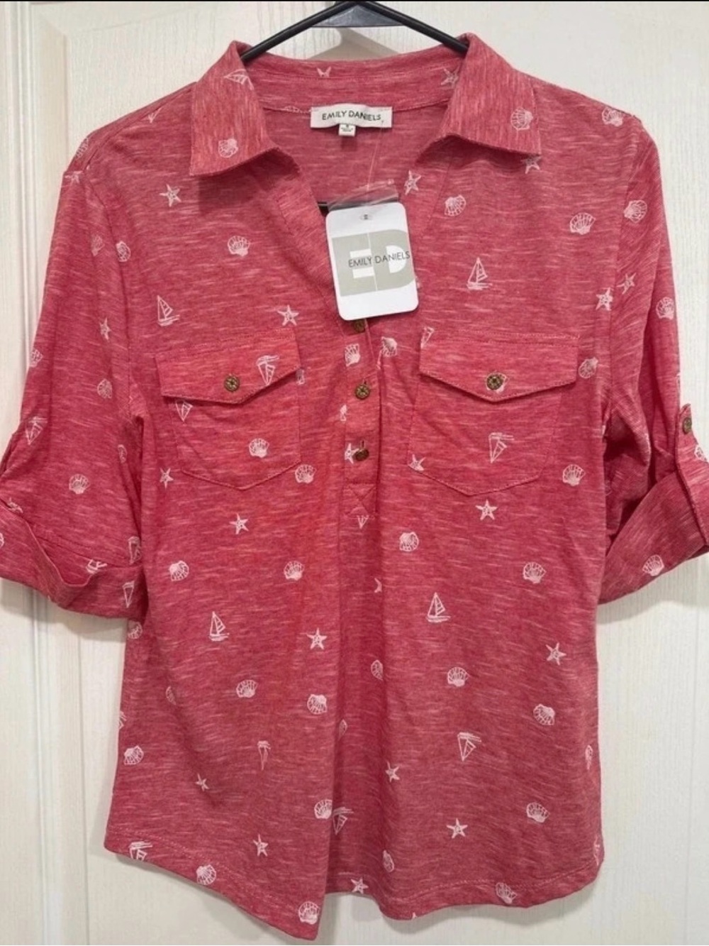 Red Nautical-Print Button Down Shirt